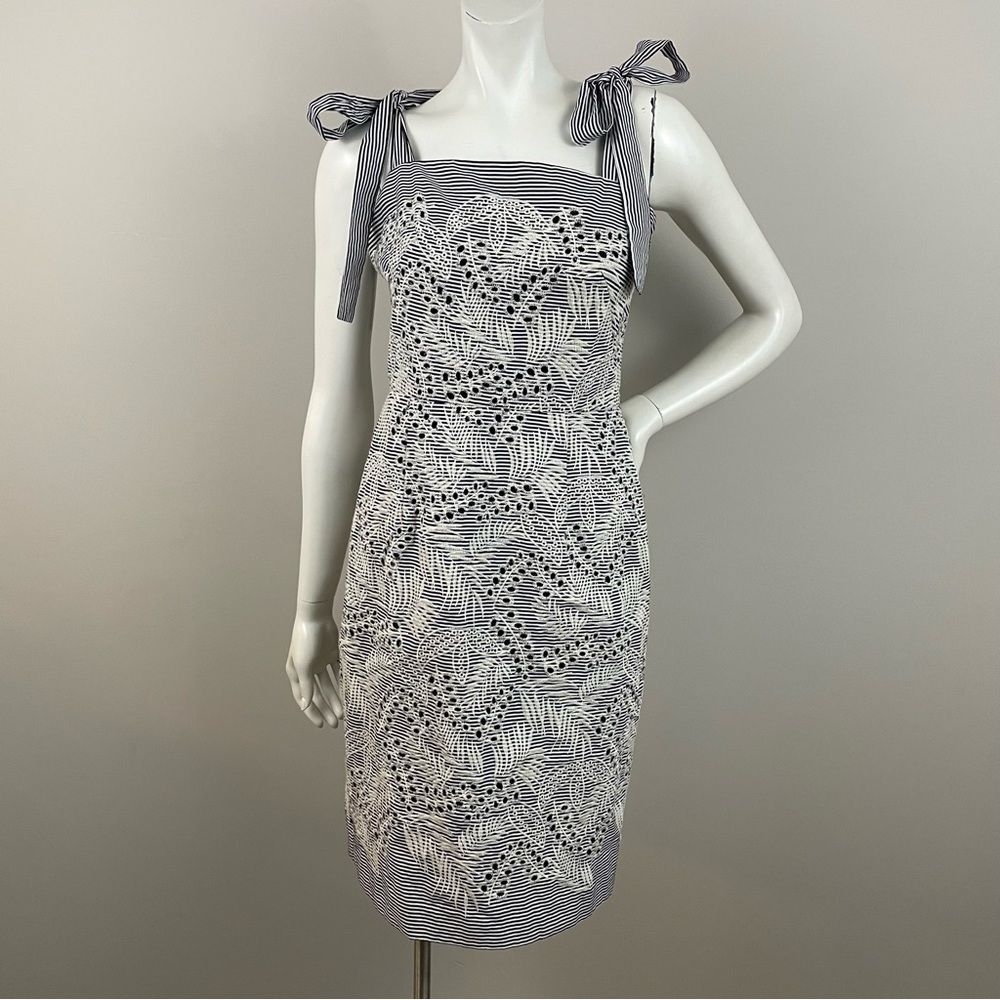 MAGGY LONDON Black & White Striped Floral Eyelet Tie Shoulder Sheath Dress